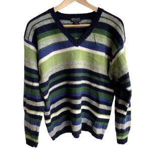 NY & CO Vintage 100% Wool Colorful Striped V Neck Sweater with Tear size L